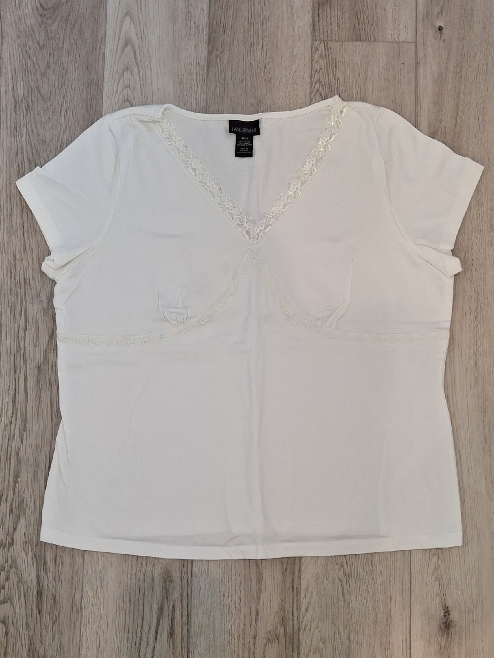 Lane Bryant White V-Neck Lace Squin Trim Short Sleeve Top